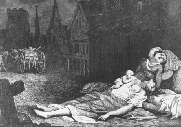 Nineteenth Century English engraving of dead and dying in the streets of London during the Great Plague, an outbreak of bubonic plague which killed some 70, 000 persons. In the background a death cart bears away the dead. (Photo by Time Life Pictures/Mansell/Time Life Pictures/Getty Images)